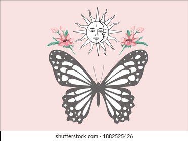 retro vintage sun and butterfly