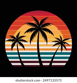 Retro vintage sunset in 80s 90s style--black silhouette