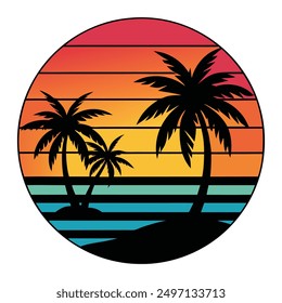 Retro vintage sunset in 80s 90s style--black silhouette