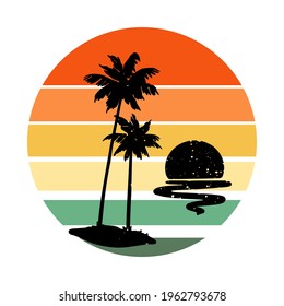 Retro vintage sunset in 80s-90s style. Black silhouettes of palm trees. Striped circle. Vector design template for logo, badges, banners, prints. Isolated white background.