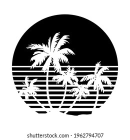 Retro vintage sunset in 80s-90s style. White silhouettes of palm trees. Striped circle. Vector design template for logo, badges, banners, prints. Isolated white background.