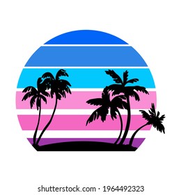 Retro Vintage Sunset In 80s-90s Style. Black Silhouettes Of Palm Trees. Striped Circle. Vector Design Template For Logo, Badges, Banners, Prints. Isolated White Background.