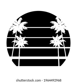 Retro vintage sunset in 80s-90s style. White silhouettes of palm trees. Striped circle. Vector design template for logo, badges, banners, prints. Isolated white background.