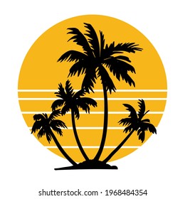 Retro vintage sunset in 80s-90s style. Black silhouettes of palm trees. Striped circle. Vector design template for logo, badges, banners, prints. Isolated white background.