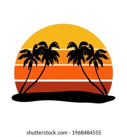 Retro vintage sunset in 80s-90s style. Black silhouettes of palm trees. Striped circle. Vector design template for logo, badges, banners, prints. Isolated white background.