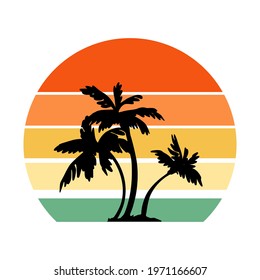 Retro vintage sunset in 80s-90s style. Black silhouettes of palm trees. Striped circle. Vector design template for logo, badges, banners, prints. Isolated white background.