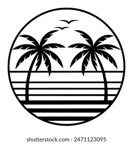 Retro vintage sunset in 80s-90s style. White silhouettes of palm trees