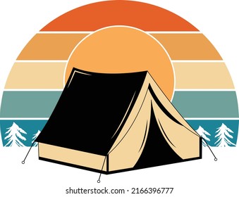 Retro Vintage Sunset camping in the woods