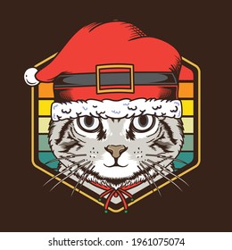 Retro Vintage Sunset Cat use Santa Hat Illustration