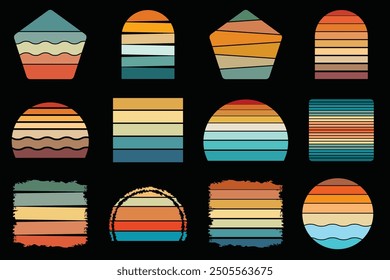 Retro Vintage Sunset Collection, Colorful Sunset Vector Shapes, Retro Sunset Illustration, Colorful Vintage Sunset EPS File