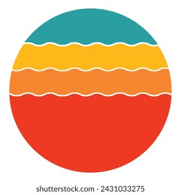 Retro Vintage Sunset Design Sun retro badge and emblem set. Abstract ocean view background inside circles shapes with geometric vintage distressed style. Perfect for sticker, logo, icon, t-shirt or an