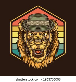 Retro Vintage Sunset Lion Wearing Safari Hats Illustration suitable for poster, flyer, greeting cards, sticker, social media and tshirt design