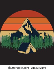 Retro vintage sunset with mountain and a camping tent