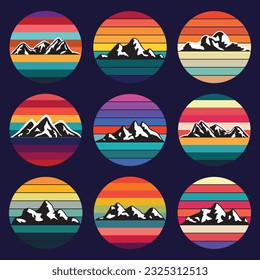 Retro vintage sunset mountain illustration set