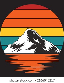 Retro Vintage Sunset mountain with light reflection on water