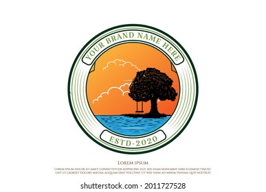 Retro Vintage Sunset with Oak Tree and Wooden Swing Badge Emblem Logo Design Vector