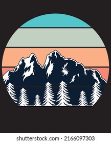 Retro Vintage Sunset over a mountain and conifers