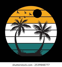Retro vintage sunset palm tree beach design art illustration