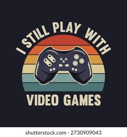 Ilustración vectorial de puesta de sol retro vintage con una silueta de controlador de juego y el texto "Todavía juego con Juegos" sobre un fondo oscuro.

Diseño de la camiseta del eslogan del juego de la nostalgia con un telón de fondo del sol del estilo retro de los años 70, 80.

Insignia de jugador de Antiguas con ícono de gamepad y rayas de colores clásicos para la ropa.
