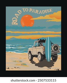 Ilustración vectorial de playa de surf retro vintage, coche SUV en el Arte vectorial de playa, ilustraciones gráficas del viaje del surf para la camiseta, impresión, etiqueta engomada, cartel