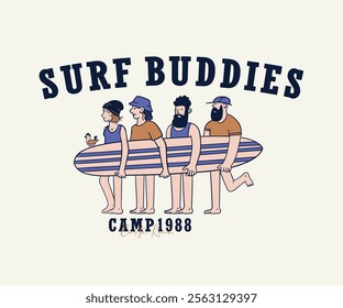 Retro vintage surfing t shirt design, Surfer friends cartoon vector art, Funny surfing beach camp vector  artwork for  t shirt, poster, graphic print, summer t shirt design 