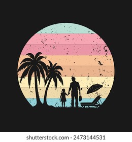 Retro vintage t shirt design Father T-shirt Design Happy Fathers day. Dad and daughter silhouette flat vector illustration