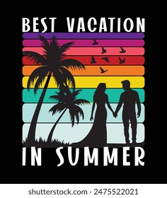 retro vintage t shirt design summer sunset graphics. Summer Vibe t-shirt design for surfing. Typography vector illustration with palm trees and colorful retro summer print on the t shirt template.