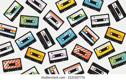 Retro Vintage tape Cassettes. Pattern Set of twelve cassettes. Colorful audio tapes background. Every illustration isolated