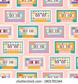 Retro vintage tape cassettes seamless hand-drawn vector pattern. 80's, Love, party mix music.