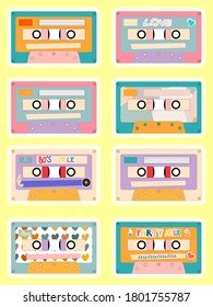 Retro vintage tape cassettes set. Hand-drawn vector illustrations. 80's, Love, party mix music.