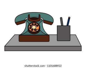retro vintage telephone and pencils in case