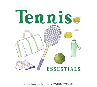 Retro vintage tennis club vector design, Tennis essential elements watercolor vector art, Tennis racket and ball watercolor illustration, Vintage sports club artwork for t shirt, poster, print