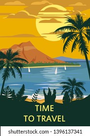 Retro Vintage Time To Travel Style Travel Poster Or Sticker. Tropical Island Paradise Sunset, Ocean, Beach And Palm Trees. Summer Vacation Holiday. Vector, Isolated