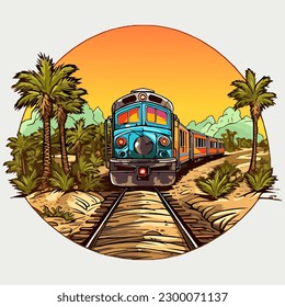 Retro Vintage train with sunset illustration t shirt design