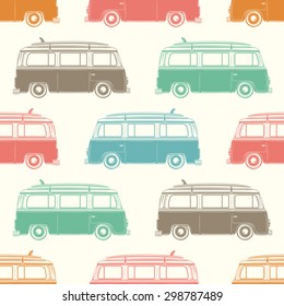 Retro, vintage, travel, camper van, with surfing board, seamless pattern. Vector illustration.