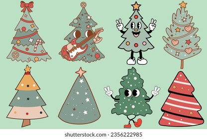 Retro Vintage Trees Groovy Christmas Trees with Guitar Set with Decorations for Xmas Bundle of 8