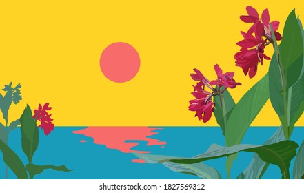 Retro - vintage tropical Canna flowers branch and beach landscape view, nostalgia 90s VHS era inspiration background design, tint bold red and yellow color, flat vector illustration