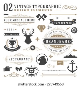 Retro vintage typographic design elements. Arrows, labels, ribbons, logos symbols, crowns, calligraphy swirls, ornaments and other. 