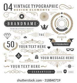 Retro vintage typographic design elements. Arrows, labels, ribbons, logos symbols, crowns, calligraphy swirls, ornaments and other. 