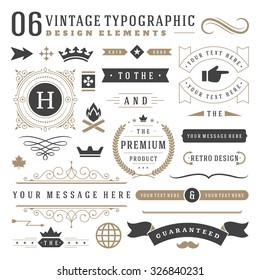 Retro vintage typographic design elements. Arrows, labels, ribbons, logos symbols, crowns, calligraphy swirls, ornaments and other. - Shutterstock ID 326840231