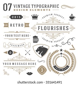 Retro vintage typographic design elements. Arrows, labels, ribbons, logos symbols, crowns, calligraphy swirls, ornaments and other. 