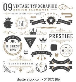 Retro vintage typographic design elements. Arrows, labels, ribbons, logos symbols, crowns, calligraphy swirls, ornaments and other. 