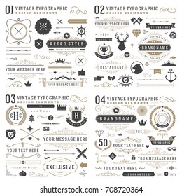 Retro vintage typographic design elements. Arrows, labels, ribbons, logos symbols, crowns, calligraphy swirls, ornaments and other. 
