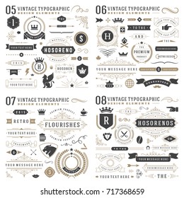 Retro vintage typographic design elements. Arrows, labels, ribbons, logos symbols, crowns, calligraphy swirls, ornaments and other. - Shutterstock ID 717368659