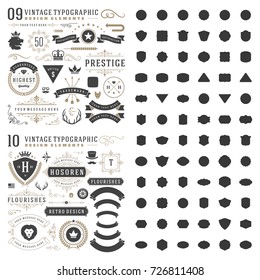 Retro vintage typographic design elements. Arrows, labels, ribbons, logos symbols, crowns, calligraphy swirls, ornaments and other.