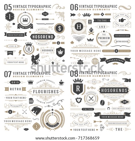 Retro vintage typographic design elements. Arrows, labels, ribbons, logos symbols, crowns, calligraphy swirls, ornaments and other.