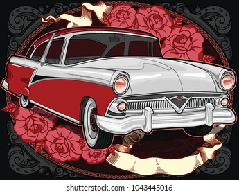 Retro vintage vector 60s, 50s automobile. Old school car with hand drawn ribbon on frame and decorative roses in classic style. Old Border on background. Vintage retro composition from 1950 , 1960. 