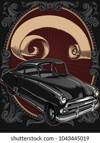 Retro vintage vector 60s, 50s automobile. Old school car with hand drawn ribbon on frame and decorative roses in classic style. Old Border on background. Vintage retro composition from 1950 , 1960.  