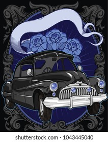 Retro vintage vector 60s, 50s automobile. Old school car with hand drawn ribbon on frame and decorative roses in classic style. Old Border on background. Vintage retro composition from 1950 , 1960. 
