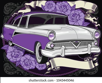 Retro vintage vector 60s, 50s automobile. Old school car with hand drawn ribbon on frame and decorative roses in classic style. Old Border on background. Vintage retro composition from 1950 , 1960. 